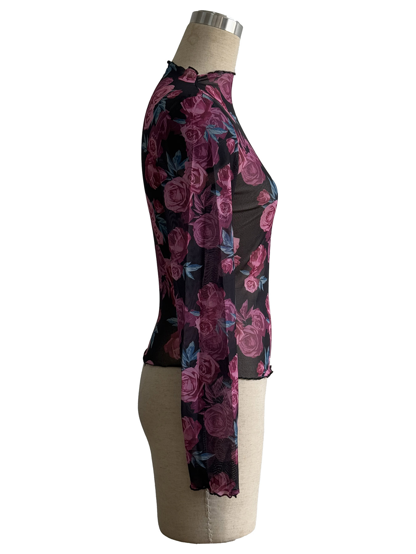 Womens Floral Mesh Top Fashion Bodycon Long Sleeve T-shirt Female Clothing